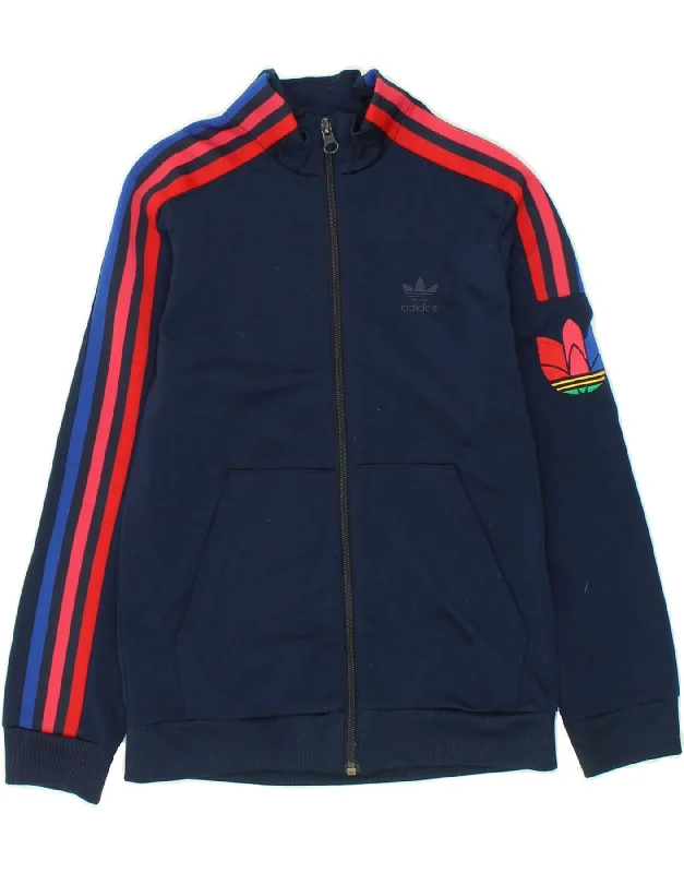 men's sporty zip-up jackets -ADIDAS Boys Graphic Tracksuit Top Jacket 8-9 Years Navy Blue Polyester