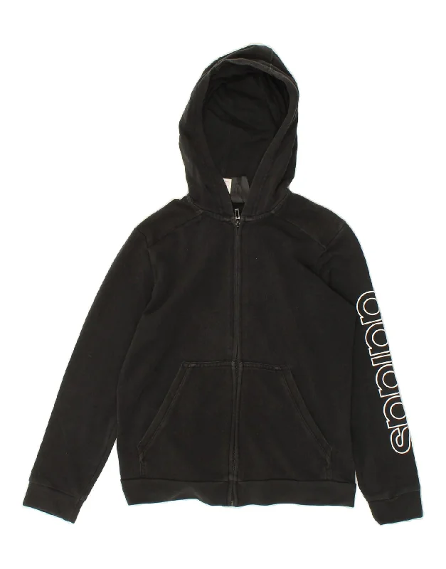 men's casual sweaters -ADIDAS Boys Graphic Zip Hoodie Sweater 11-12 Years Black Cotton