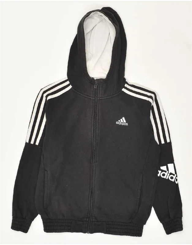 men's everyday knit sweaters -ADIDAS Boys Graphic Zip Hoodie Sweater 11-12 Years Black Cotton