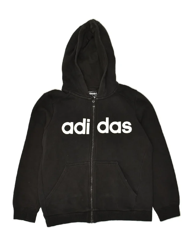 men's comfortable sweaters -ADIDAS Boys Graphic Zip Hoodie Sweater 11-12 Years Black Cotton