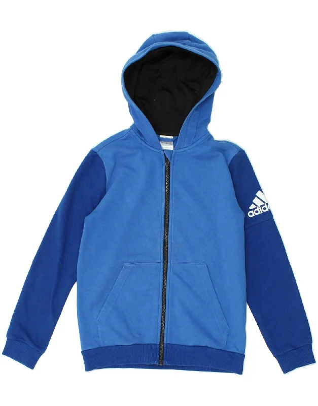 men's knitted winter sweaters -ADIDAS Boys Graphic Zip Hoodie Sweater 11-12 Years Blue Colourblock Cotton