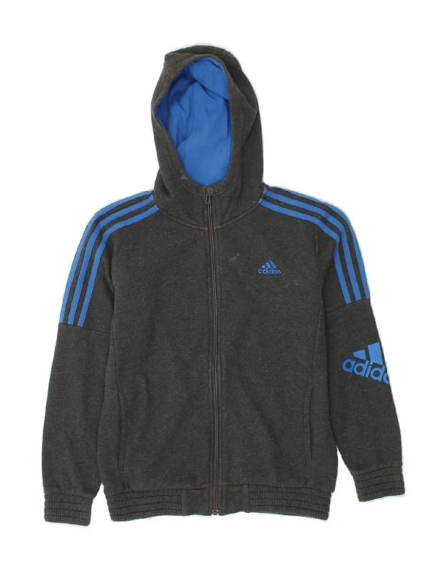 men's luxurious sweaters -ADIDAS Boys Graphic Zip Hoodie Sweater 11-12 Years Grey Cotton