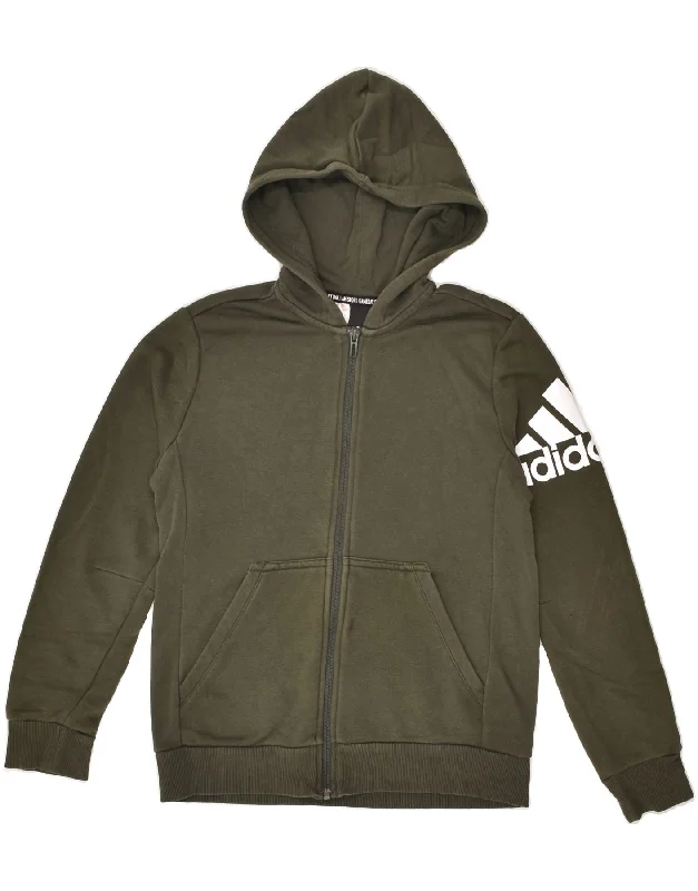 men's performance sweaters -ADIDAS Boys Graphic Zip Hoodie Sweater 11-12 Years Khaki Cotton