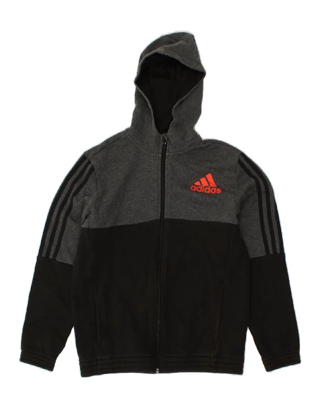 men's fitted sweaters -ADIDAS Boys Graphic Zip Hoodie Sweater 13-14 Years Black Colourblock