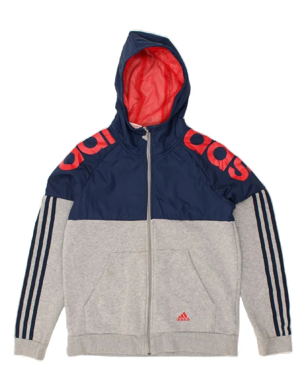 men's zip-up knit sweaters -ADIDAS Boys Graphic Zip Hoodie Sweater 13-14 Years Grey Colourblock Cotton