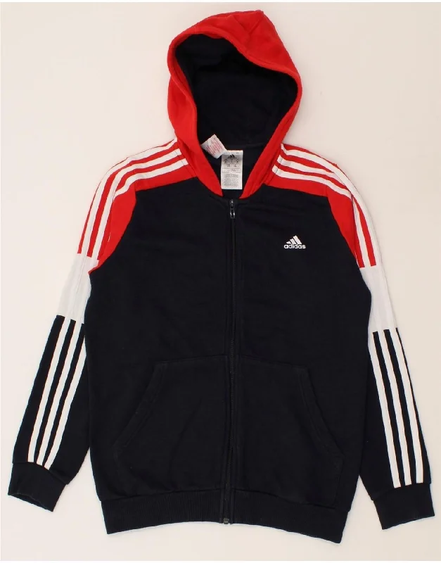 men's striped sweaters -ADIDAS Boys Graphic Zip Hoodie Sweater 13-14 Years Navy Blue Colourblock