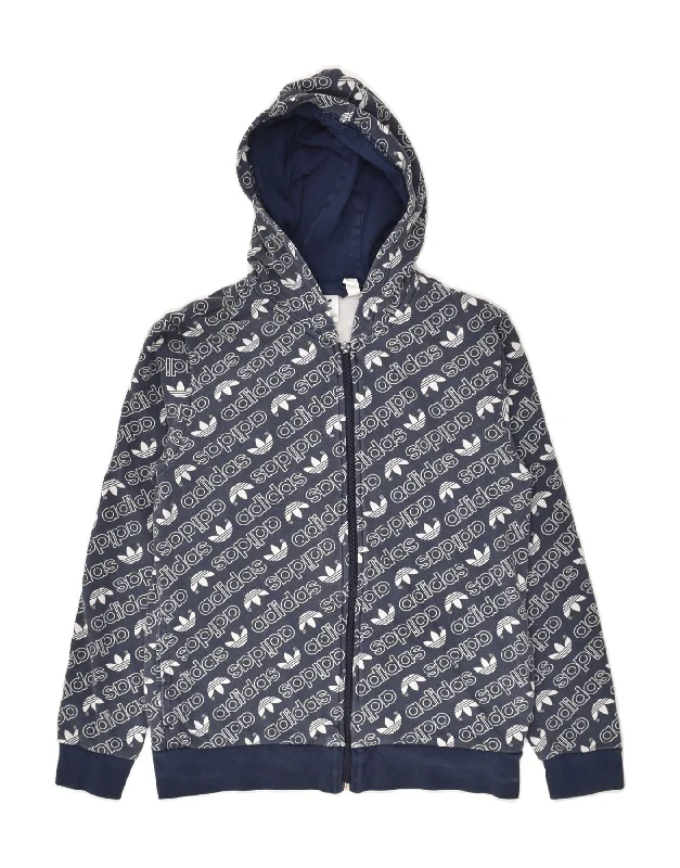 men's oversized sweaters -ADIDAS Boys Graphic Zip Hoodie Sweater 13-14 Years Navy Blue Cotton