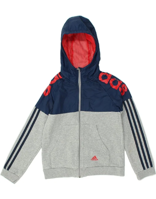 men's wool sweater vests -ADIDAS Boys Graphic Zip Hoodie Sweater 9-10 Years Grey Colourblock Cotton