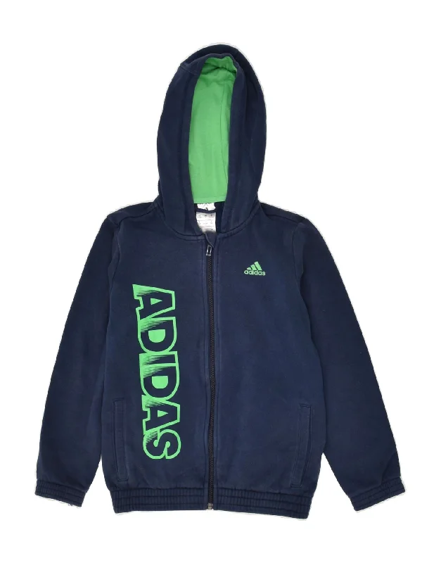 men's warm knit sweaters -ADIDAS Boys Graphic Zip Hoodie Sweater 9-10 Years Navy Blue Cotton