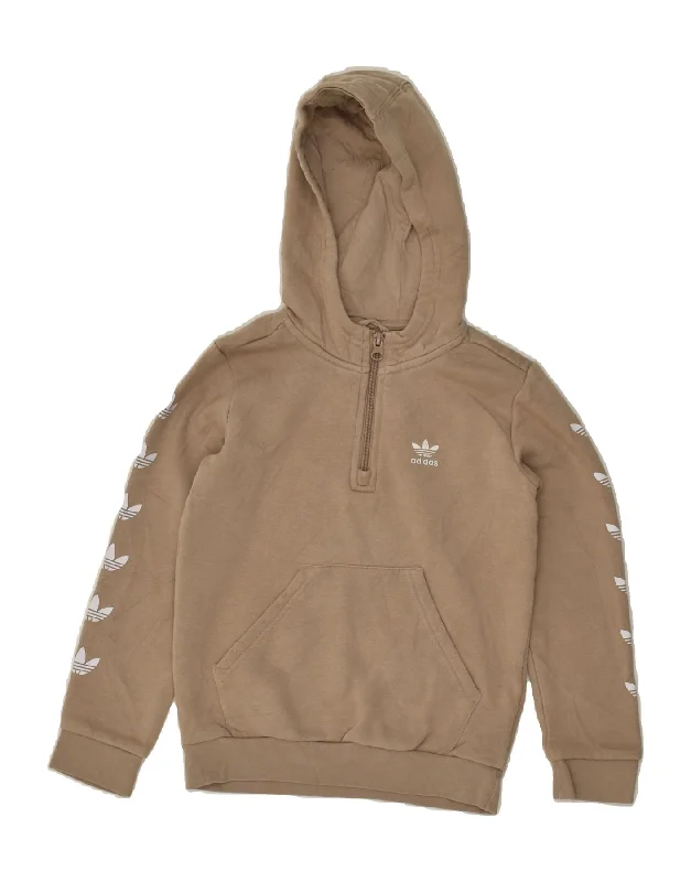 men's modern pullover sweaters -ADIDAS Boys Graphic Zip Neck Zip Hoodie Sweater 7-8 Years XS Beige Cotton