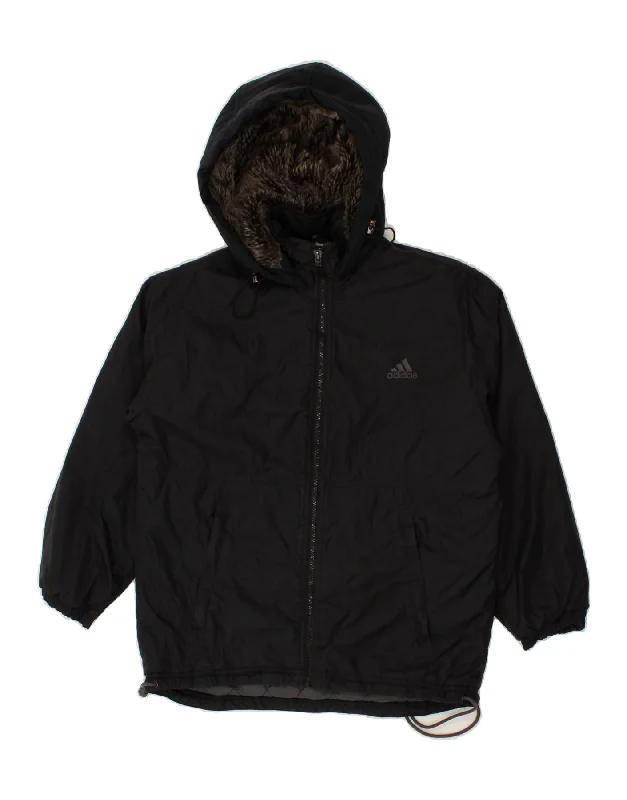 men's winter jackets with fur lining -ADIDAS Boys Hooded Windbreaker Jacket 11-12 Years Black Polyester