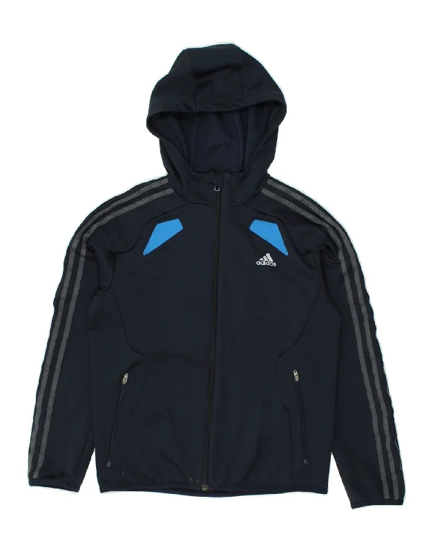 men's cozy knit sweaters -ADIDAS Boys Zip Hoodie Sweater 11-12 Years Navy Blue Colourblock Polyester