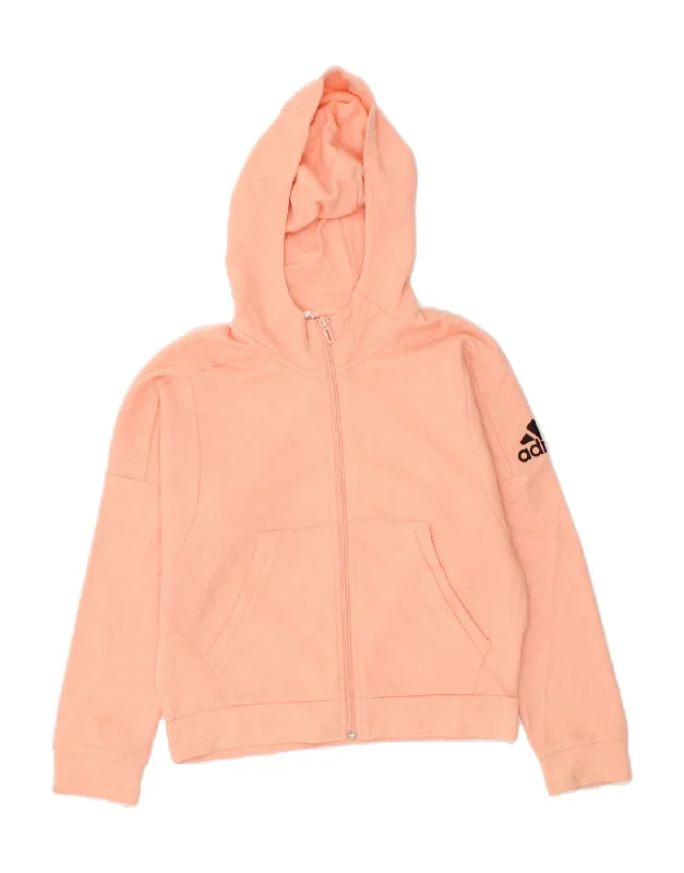 men's casual sweaters -ADIDAS Girls Graphic Zip Hoodie Sweater 11-12 Years Orange Cotton