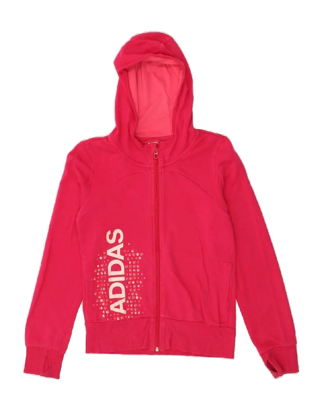 men's patterned sweaters -ADIDAS Girls Graphic Zip Hoodie Sweater 11-12 Years Pink Cotton