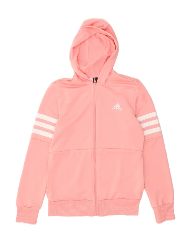 men's textured sweaters -ADIDAS Girls Graphic Zip Hoodie Sweater 14-15 Years Pink Polyester