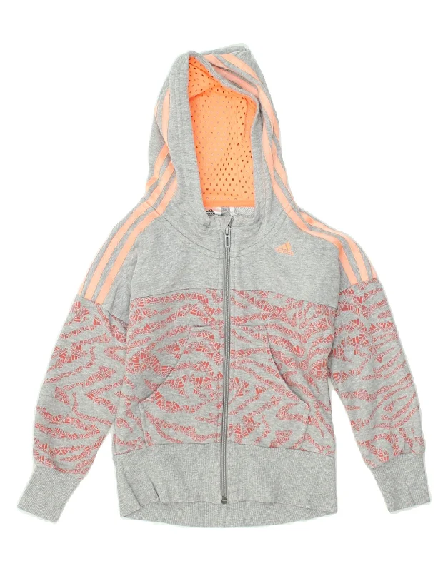 men's formal sweaters -ADIDAS Girls Graphic Zip Hoodie Sweater 7-8 Years Grey Colourblock Cotton