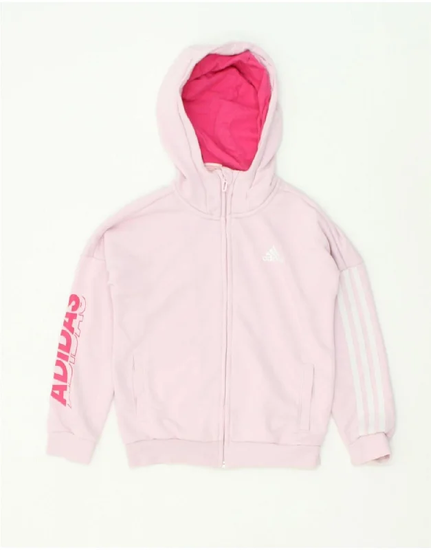 men's soft knit sweaters -ADIDAS Girls Graphic Zip Hoodie Sweater 7-8 Years Pink Cotton