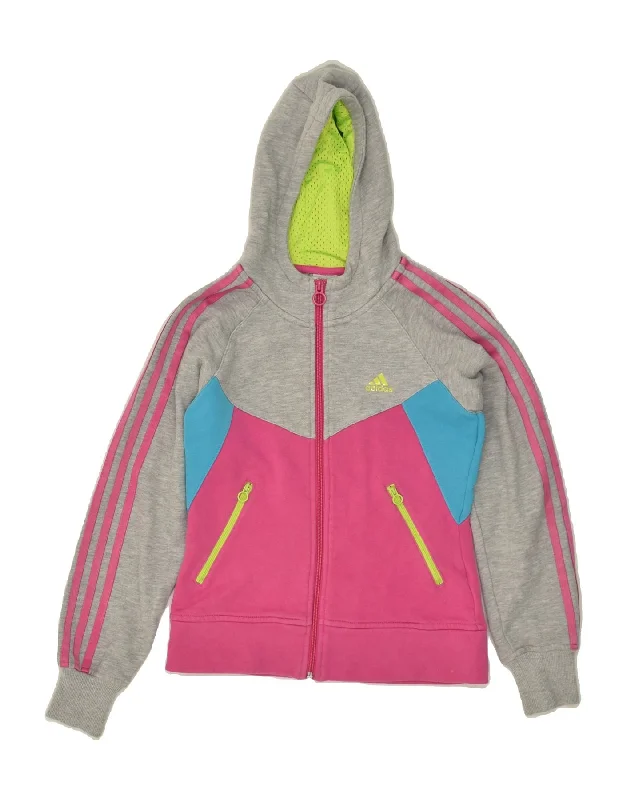 men's performance sweaters -ADIDAS Girls Zip Hoodie Sweater 11-12 Years Grey Colourblock Cotton