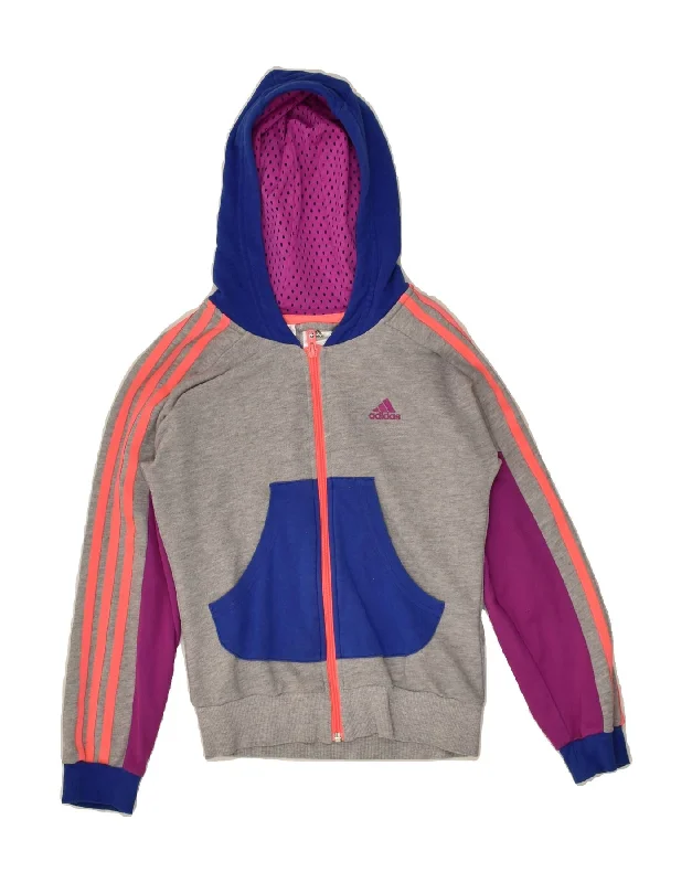 men's warm cardigans -ADIDAS Girls Zip Hoodie Sweater 9-10 Years Grey Colourblock Cotton