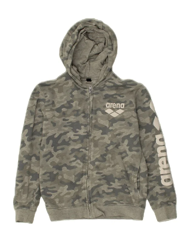 men's sweater vest -ARENA Boys Graphic Zip Hoodie Sweater 9-10 Years Grey Camouflage Cotton