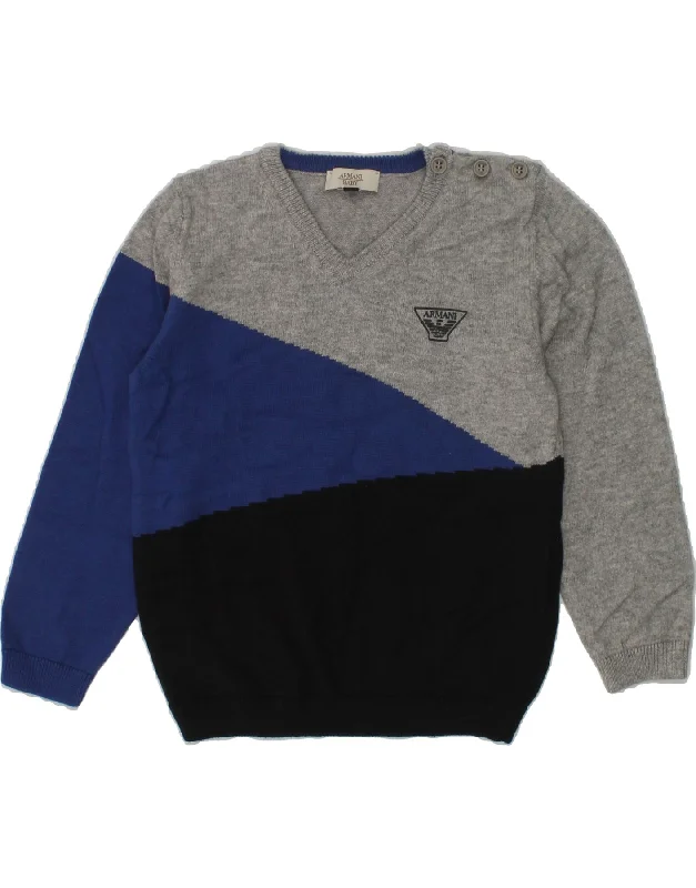 men's casual sweaters -ARMANI BABY Boys V-Neck Jumper Sweater 2-3 Years Grey Colourblock Cotton