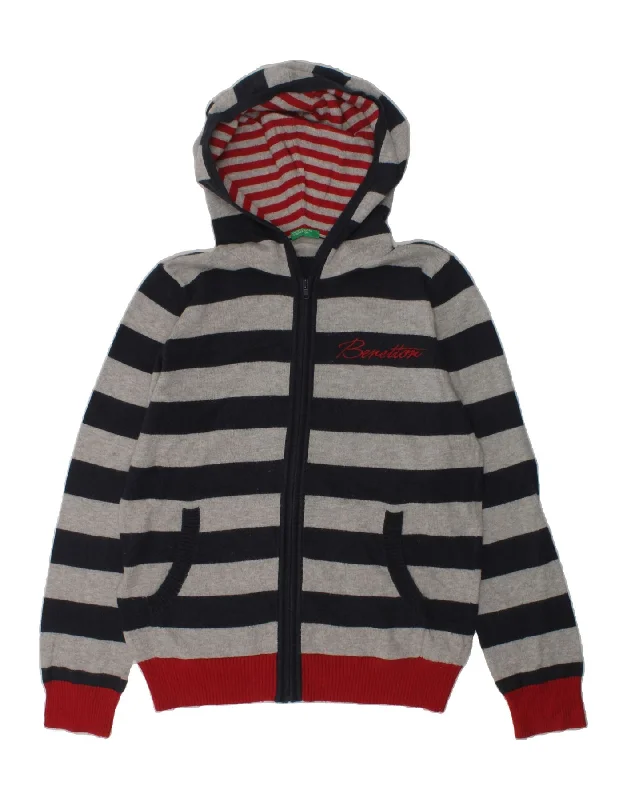 men's fleece sweaters -BENETTON Boys Graphic Hooded Cardigan Sweater 10-11 Years XL Grey Striped