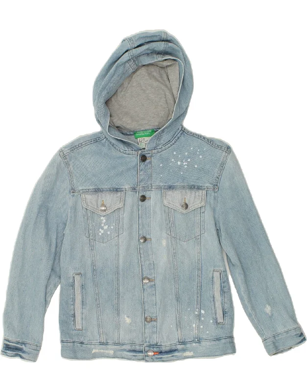 men's comfortable jackets -BENETTON Boys Hooded Distressed Denim Jacket 10-11 Years XL Blue Spotted