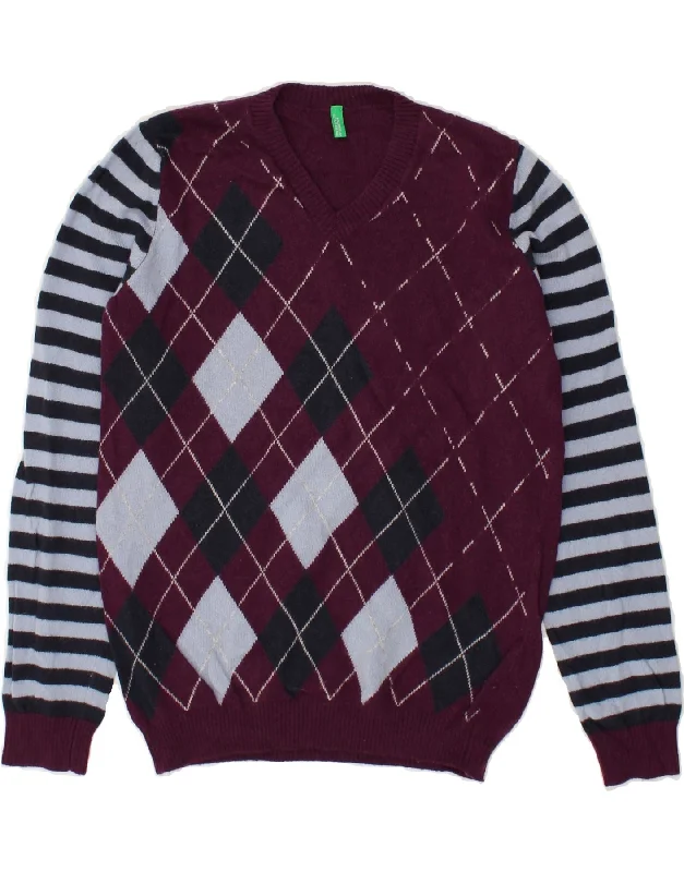 men's crewneck sweaters -BENETTON Boys V-Neck Jumper Sweater 10-11 Years XL Maroon Argyle/Diamond