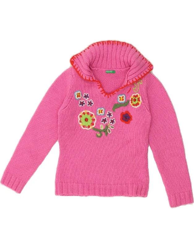 men's formal wool sweaters -BENETTON Girls Graphic Polo Neck Jumper Sweater 7-8 Years Medium  Pink