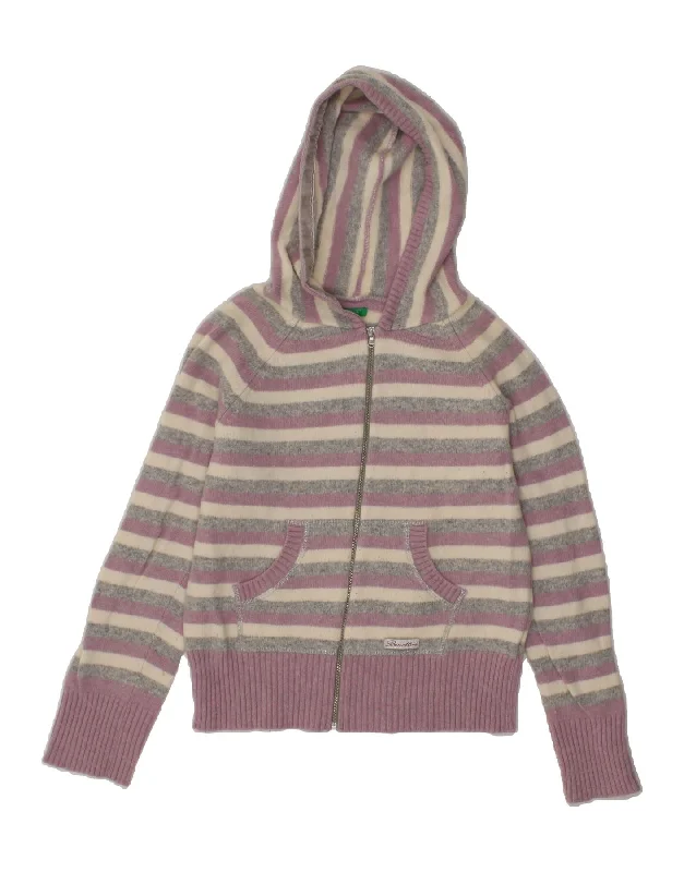 men's turtleneck pullover sweaters -BENETTON Girls Hooded Cardigan Sweater 11-12 Years XL Purple Striped Wool