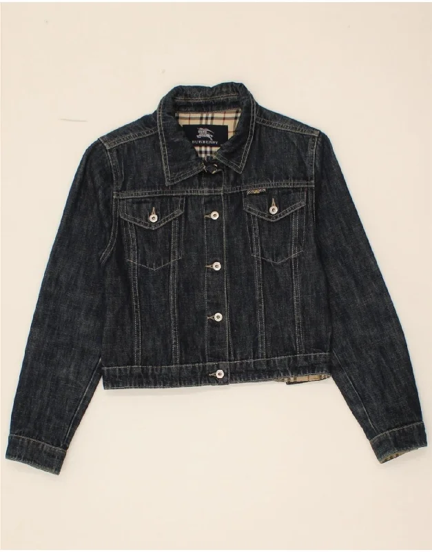 men's thermal jackets -BURBERRY Girls Crop Denim Jacket 9-10 Years Navy Blue Cotton