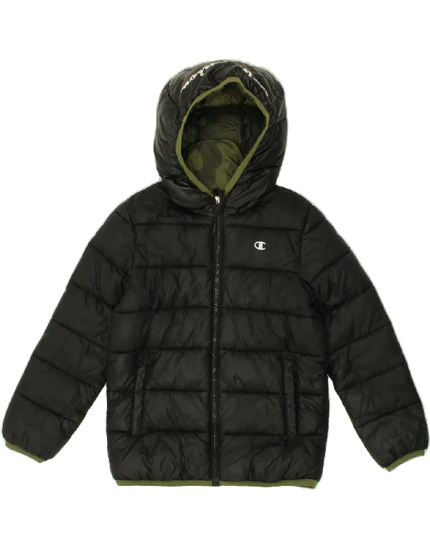 men's stylish puffer jackets -CHAMPION Boys Graphic Hooded Padded Jacket 5-6 Years XS Black