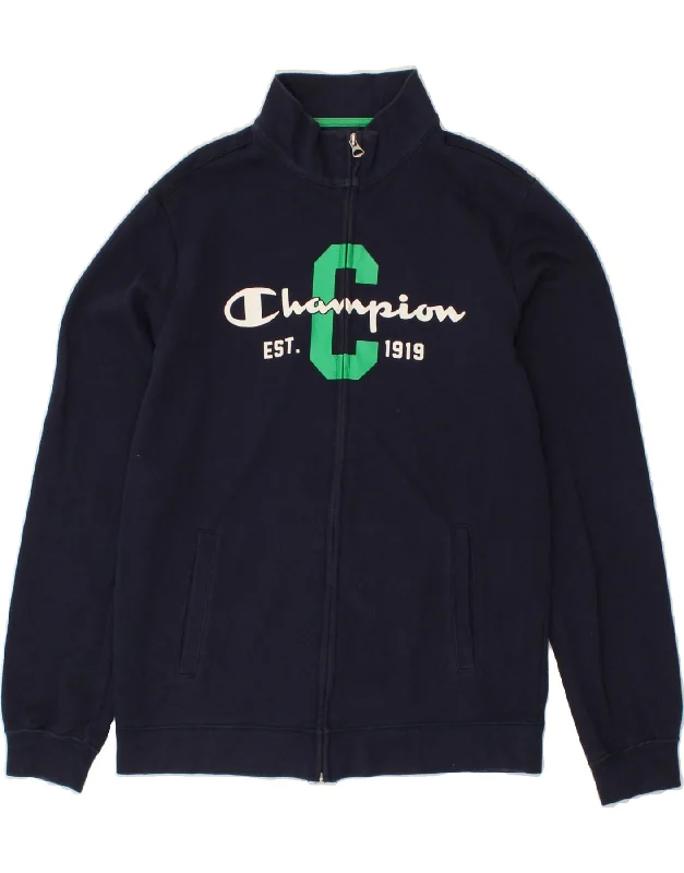 men's travel jackets -CHAMPION Boys Graphic Tracksuit Top Jacket 13-14 Years XL Navy Blue Cotton