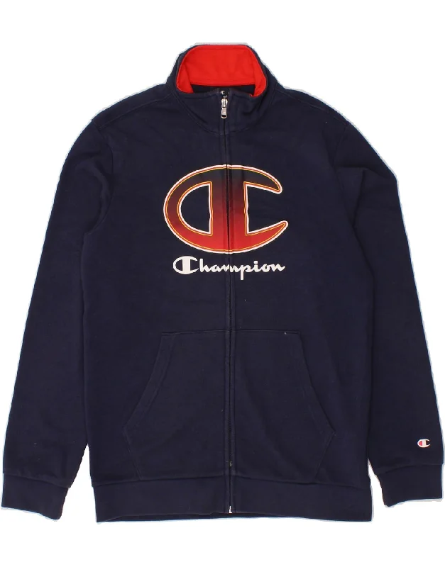 men's urban jackets -CHAMPION Boys Graphic Tracksuit Top Jacket 13-14 Years XL Navy Blue Cotton