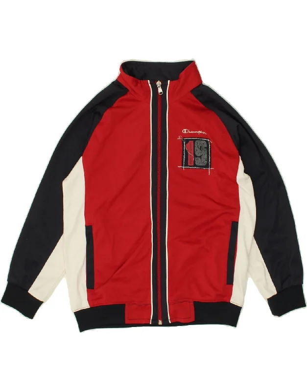 men's trench coats -CHAMPION Boys Graphic Tracksuit Top Jacket 7-8 Years Small Red Colourblock