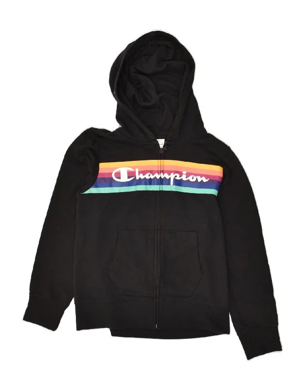 men's turtleneck sweaters -CHAMPION Boys Graphic Zip Hoodie Sweater 11-12 Years Large Black Cotton