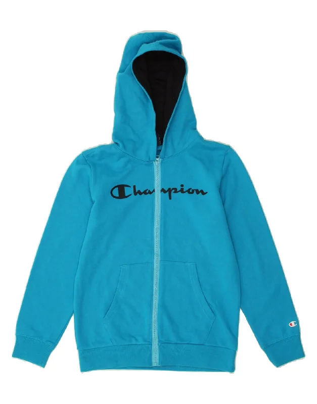 men's everyday sweaters -CHAMPION Boys Graphic Zip Hoodie Sweater 11-12 Years Large Blue Cotton