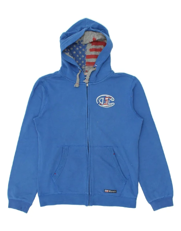 men's classic v-neck sweaters -CHAMPION Boys Graphic Zip Hoodie Sweater 11-12 Years Large  Blue Cotton