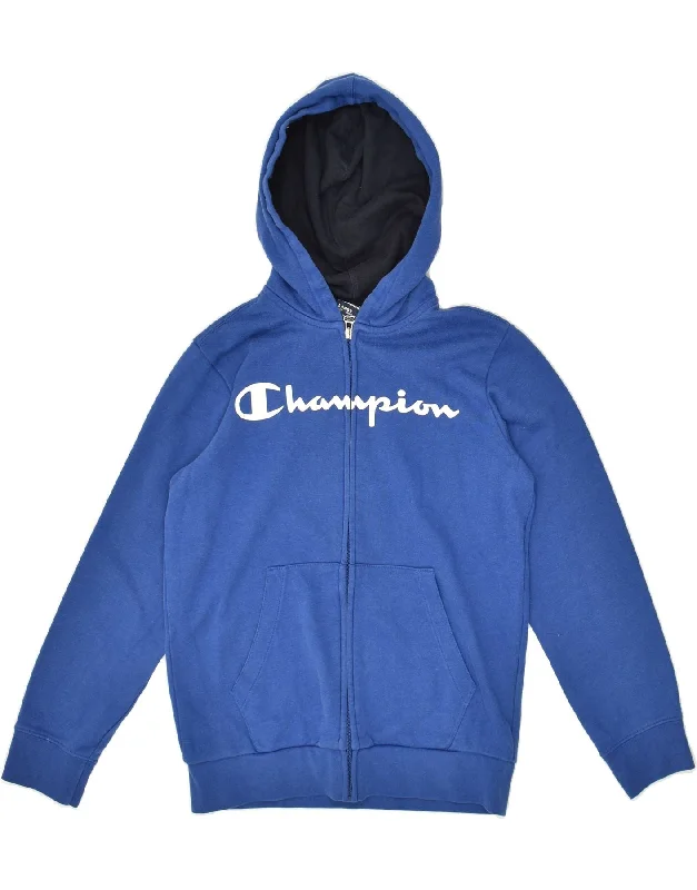 men's hooded sweaters -CHAMPION Boys Graphic Zip Hoodie Sweater 11-12 Years Large Blue