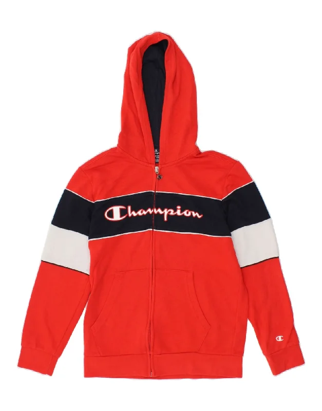 men's lightweight knitted sweaters -CHAMPION Boys Graphic Zip Hoodie Sweater 11-12 Years Large Red Colourblock