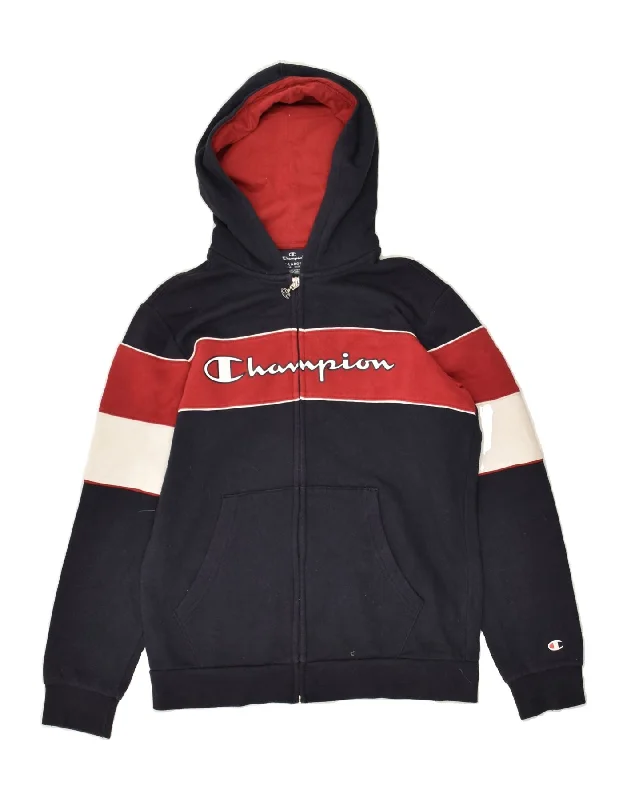 men's v-neck sweaters -CHAMPION Boys Graphic Zip Hoodie Sweater 13-14 Years XL Navy Blue Striped