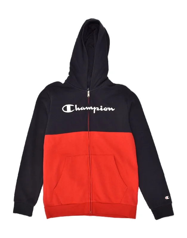 men's versatile sweaters -CHAMPION Boys Graphic Zip Hoodie Sweater 13-14 Years XL Red Colourblock