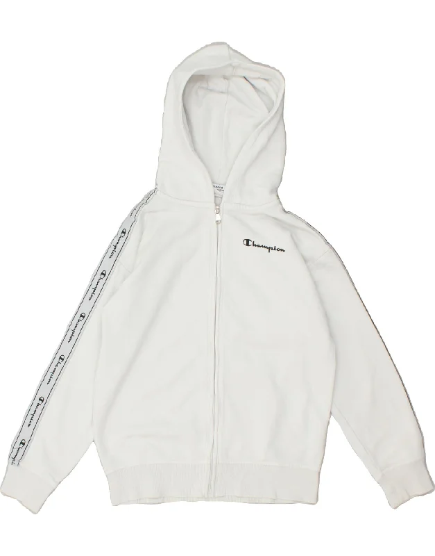 men's hooded sweaters -CHAMPION Boys Graphic Zip Hoodie Sweater 9-10 Years Medium  White Cotton