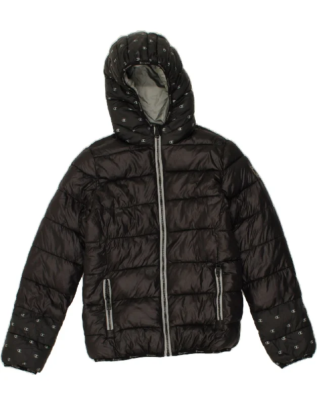 men's winter jackets with fur lining -CHAMPION Boys Hooded Padded Jacket 11-12 Years Large  Black Polyester