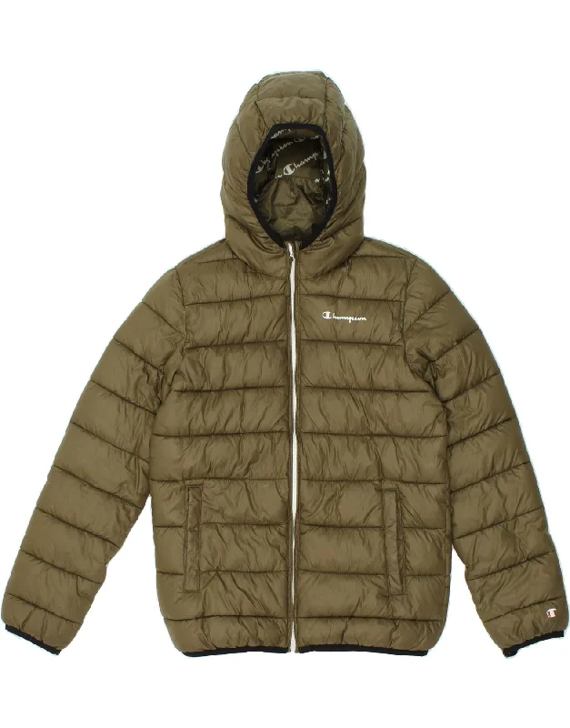 men's zippered jacket styles -CHAMPION Boys Hooded Padded Jacket 12-13 Years Khaki Polyester