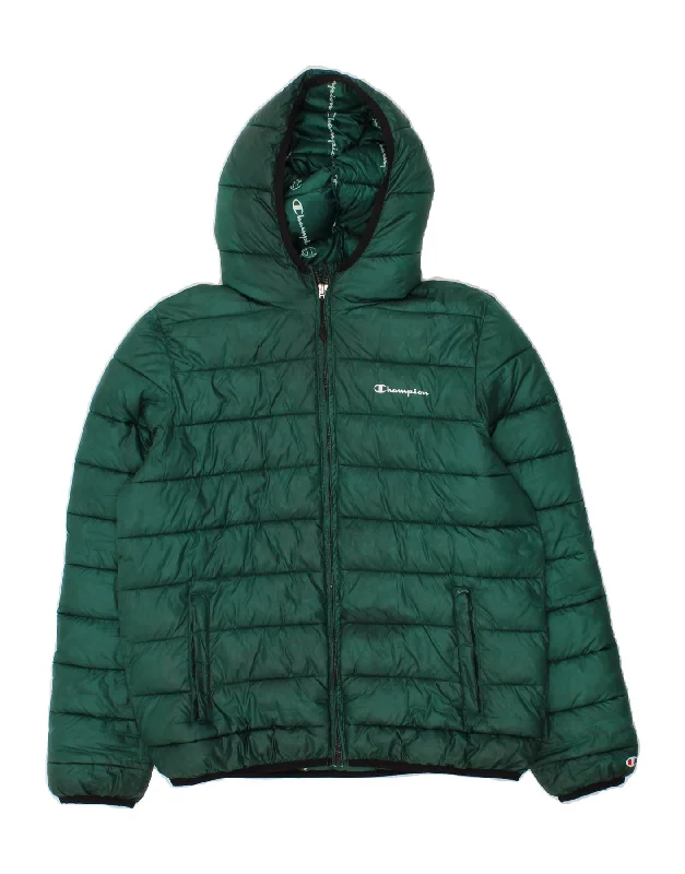 men's parka jackets -CHAMPION Boys Hooded Padded Jacket 15-16 Years 2XL Green Polyester