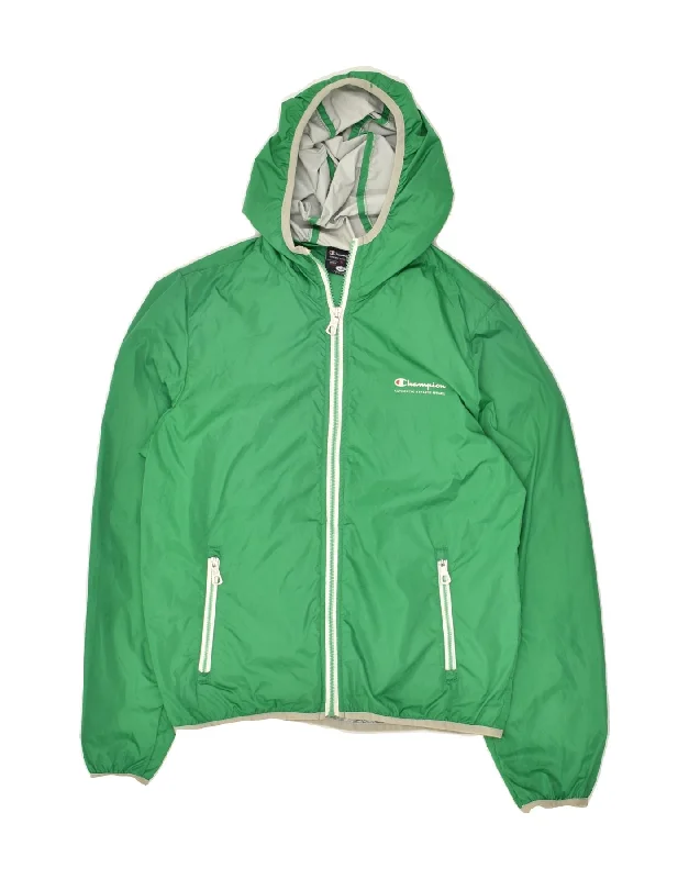 men's bomber jackets with patches -CHAMPION Boys Hooded Rain Jacket 13-14 Years XL Green Polyamide