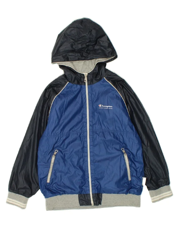 men's long trench jackets -CHAMPION Boys Hooded Rain Jacket 9-10 Years Medium Navy Blue Colourblock