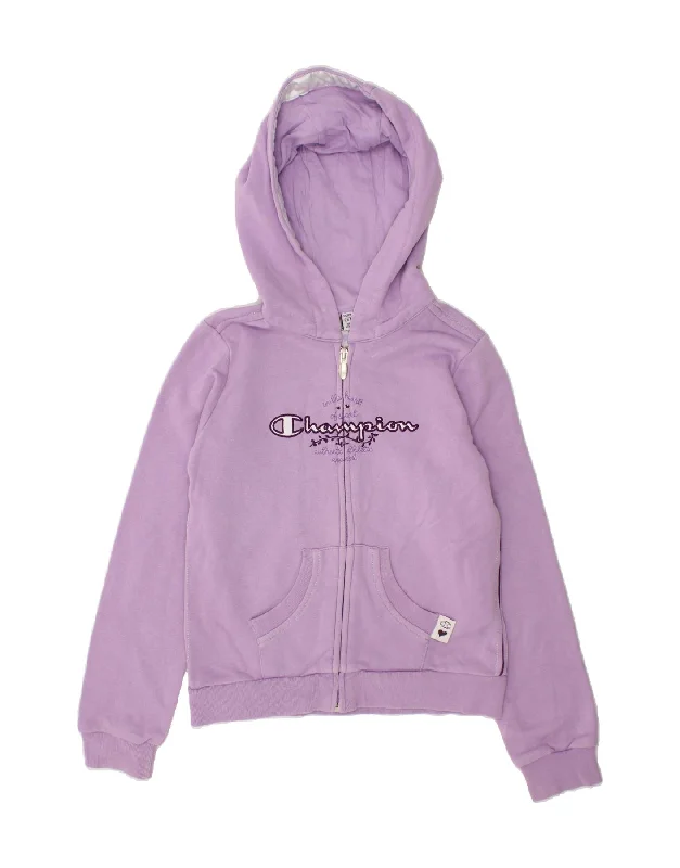 men's formal wool sweaters -CHAMPION Girls Graphic Zip Hoodie Sweater 7-8 Years Small Purple Cotton