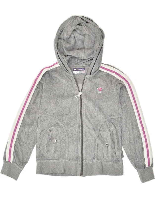 men's modern pullover sweaters -CHAMPION Girls Zip Hoodie Sweater 9-10 Years Medium Grey Colourblock